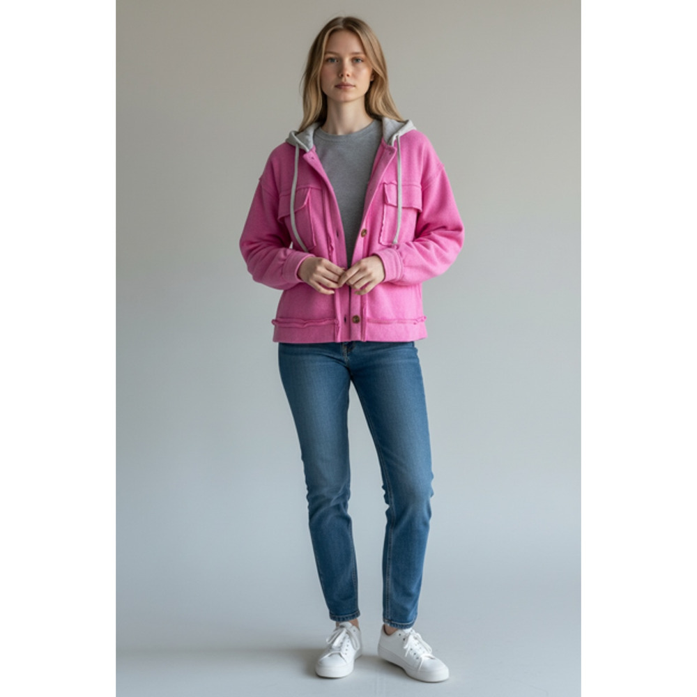 Zenana - Button Down Fleece Hacci Jacket with Hood - Medium